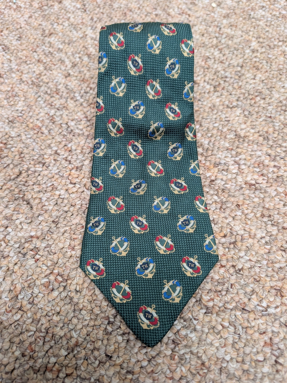 Vintage Tommy Hilfiger Green Nautical Crest Silk Tie Made in USA 4" WPL 2831